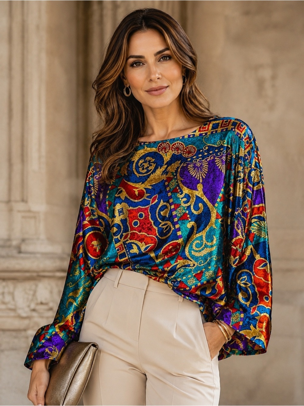 VTG Together Velvet Multicolored Mardi Gras Oversized 3/4 Sleeve Blouse Sz. XL.